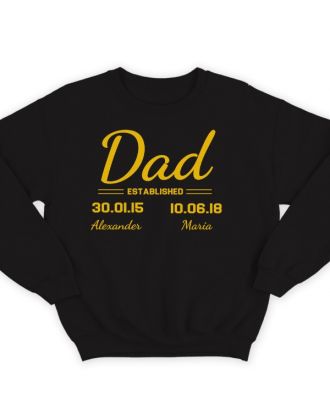 Свитшот в подарок для папы с надписью "Dad established", с датой рождения и именами детей